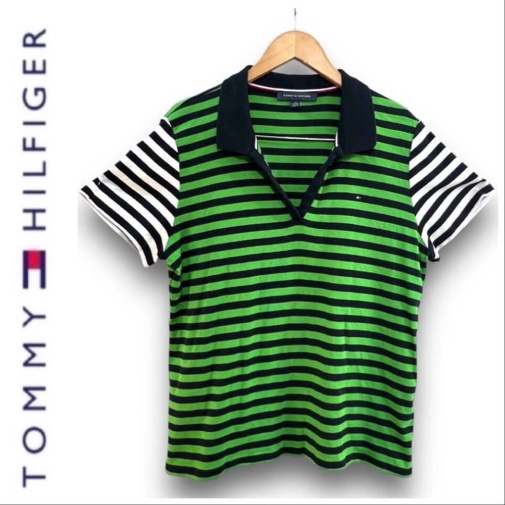 TOMMY HILFIGER Kelly Green Navy and White stripe Polo Shirt Sz XXL